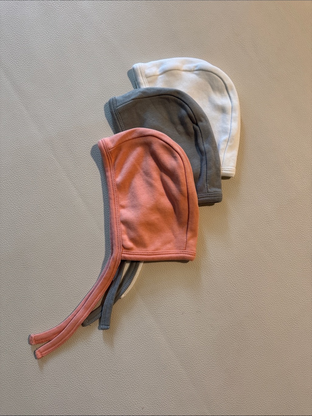 Set of 3 Baby Bonnets - Coral, Gray, White